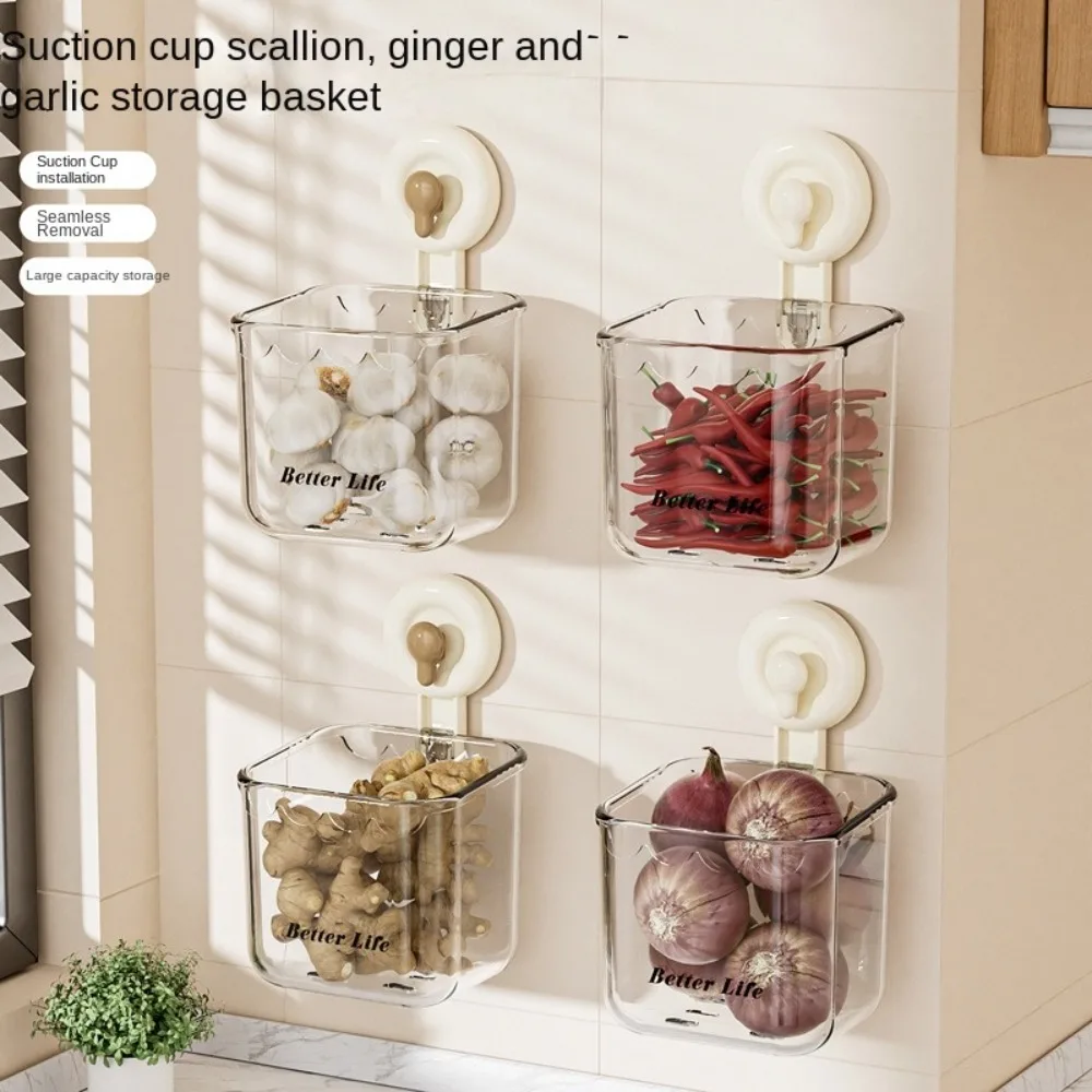 

Plastic Suction Cup Storage Box Transparent Save Space Onion Storage Basket Removable No Punching Kitchen Garlic Holder