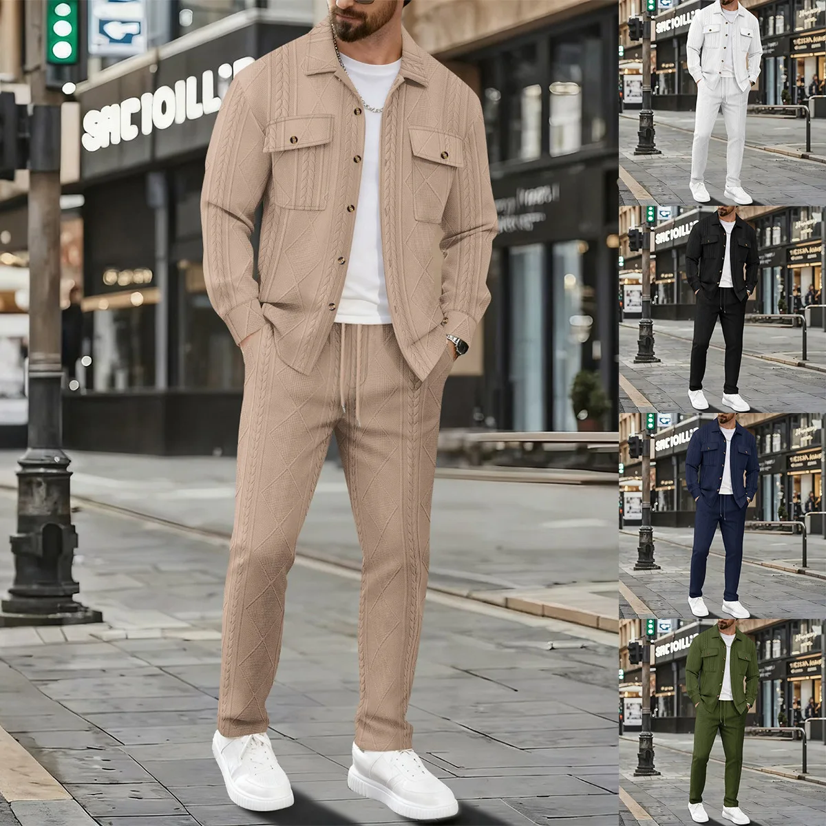 Men's Polo-Style Jacquard Coat Casual Jacket Set Spring Autumn Fashion Trend Sportswear