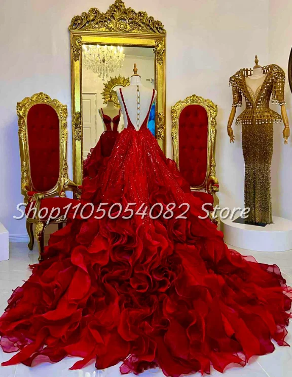Luxury Red Wedding Gown Detachable Ruffled Train Sensual Beaded Formal Dress Elegant Party Wedding Guest Attire Customizd