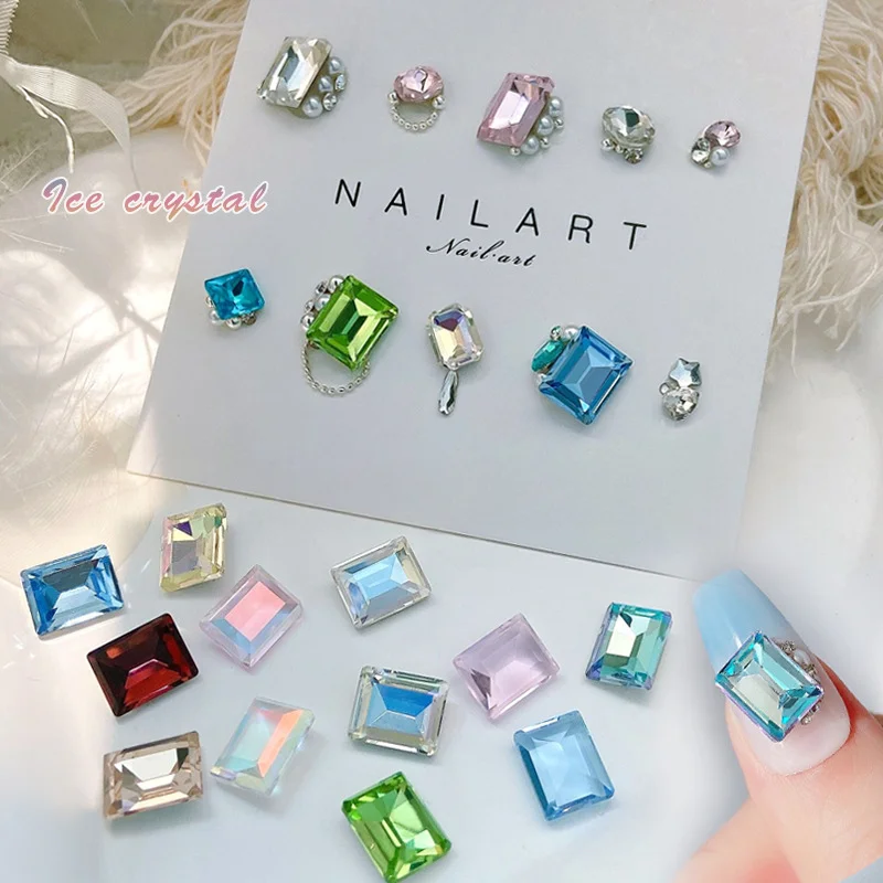 10pcs Nail Ice Block Crystal Jewelry 8x10MM Rectangular Pointed Bottom Diamond Charming Sparking Manicure Decorations