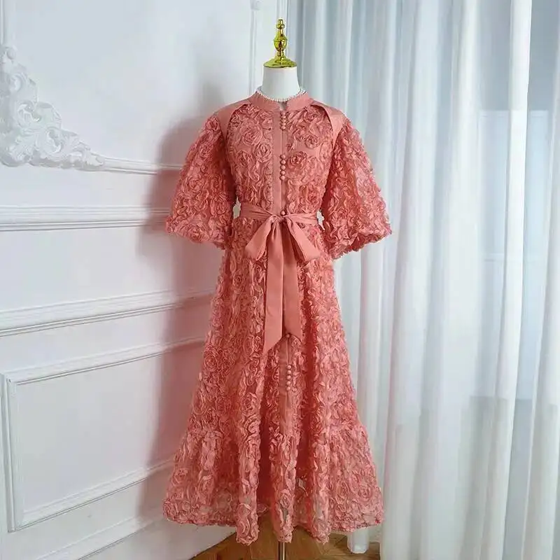 Luxe 3D Bloem Prom Formele Jurk Vrouwen Zomer Herfst Losse Big Size A-lijn Geplooide Single Breasted Midi Lange Feestjurken