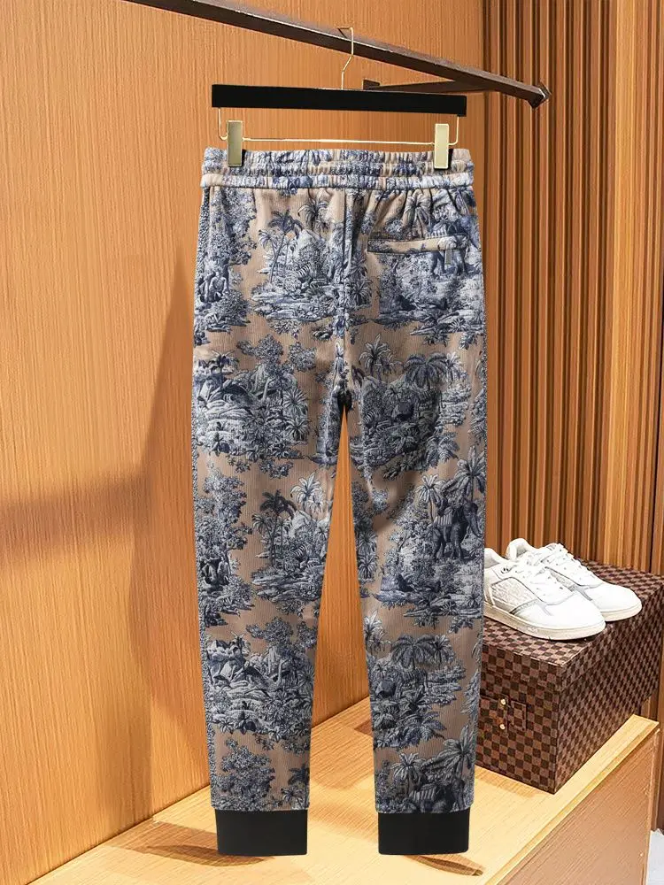 Autumn and Winter Light Luxury Trendy Brand Printed Casual Sports Versatile Striped Pants, Leg binding Pattern Pants for Men