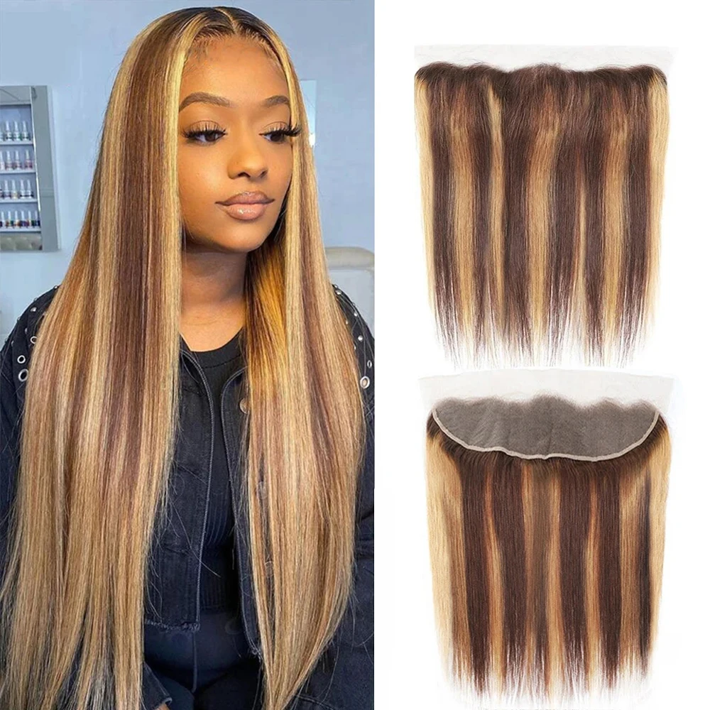 Highlight Lace Closure Frontal Only Straight Hair Human Hair For Women Pre Plucked 13X4Lace Frontal P4/27 Lace Closure 14-22inch