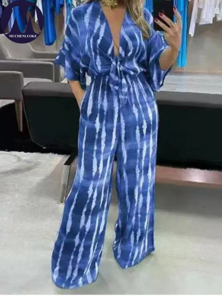 여성용 루즈한 하이 웨이스트 레이스 업 점프수트, 프린트 쿼터 슬리브, V 넥 점프수트, 캐주얼, 여름, 신상품, 패셔너블