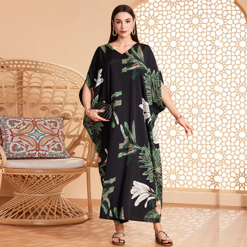 DDS23027 Muslim Dubai Four sided Elastic Print Evening Dress Robe Dress