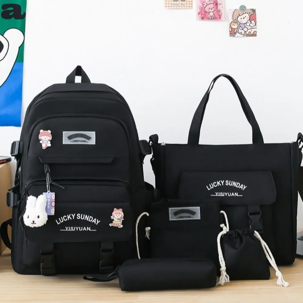5 Pcs Cute Large Capacity Backpack Set Multifunctional Breathable Crossbody Bag Buckle Pencil Bag College