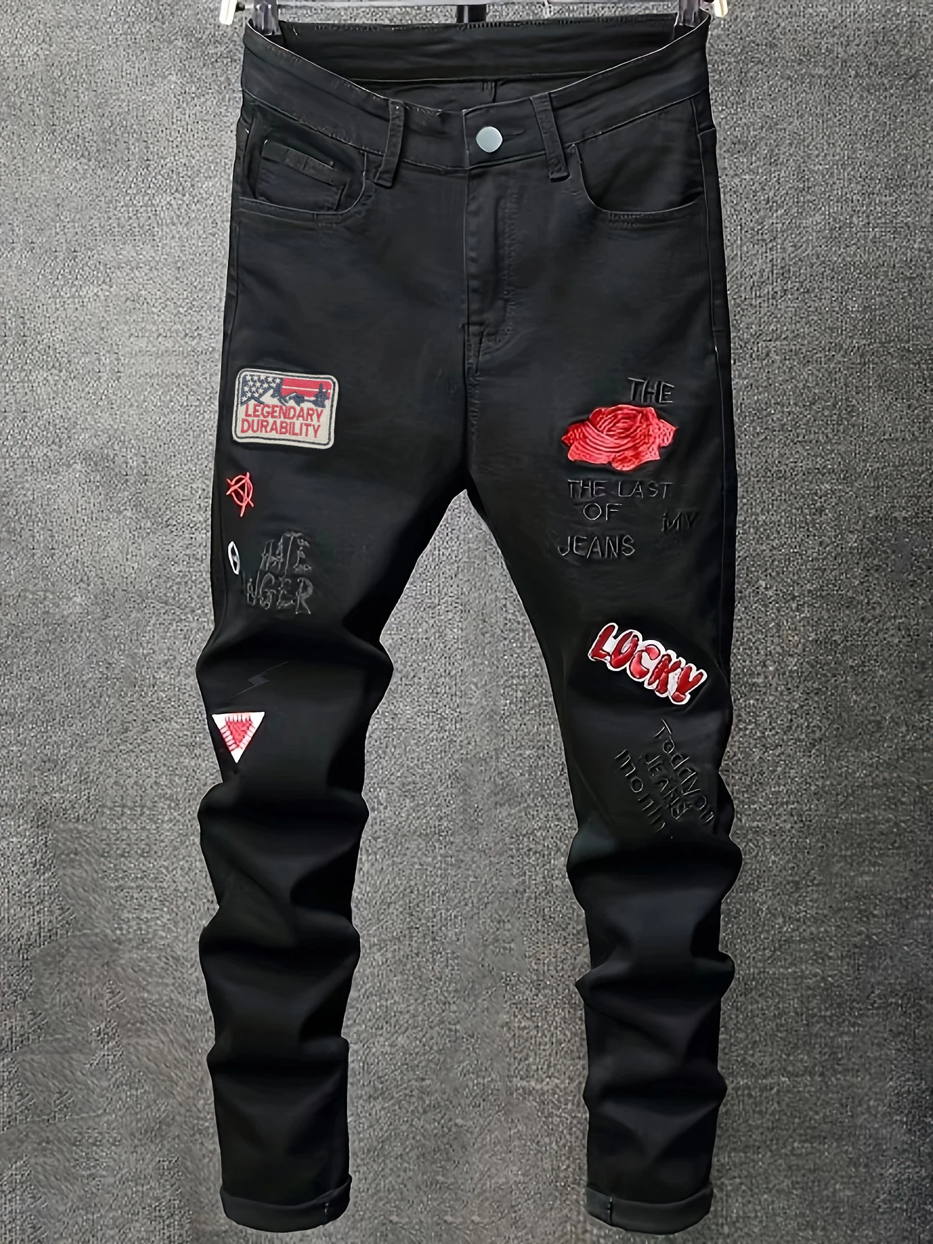 

Men's slim fit jeans embroidered elastic straight leg denim pants