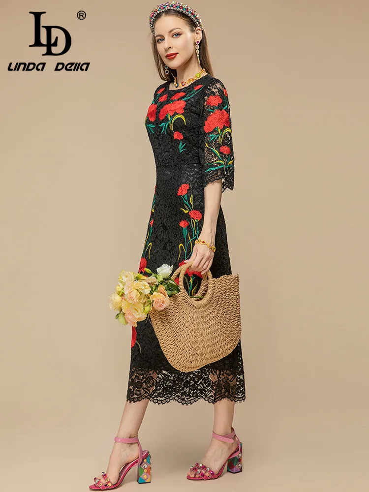 LD LINDA DELLA Runway Designer Summer Party Dress Women's Half sleeve Hollow out Flower Embroidery Black Vintage Party Dress