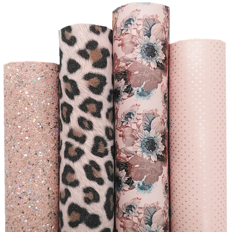 Pink Chunky Glitter Leather Flowers Printed Synthetic Leather Vinyl Leather Sheets Leopard Suede For Bows DIY 21x29CM Q1034