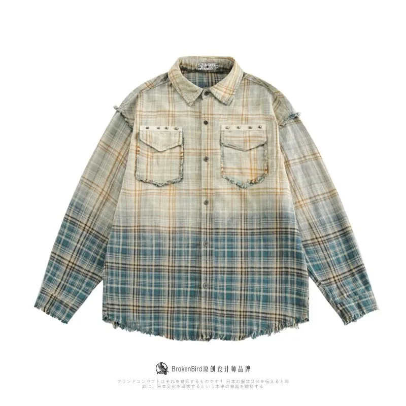 

American Style High Street Fringed Gradient Checkered Shirt Men's Spring and Autumn Trendy Loose Long Sleeved Shirts