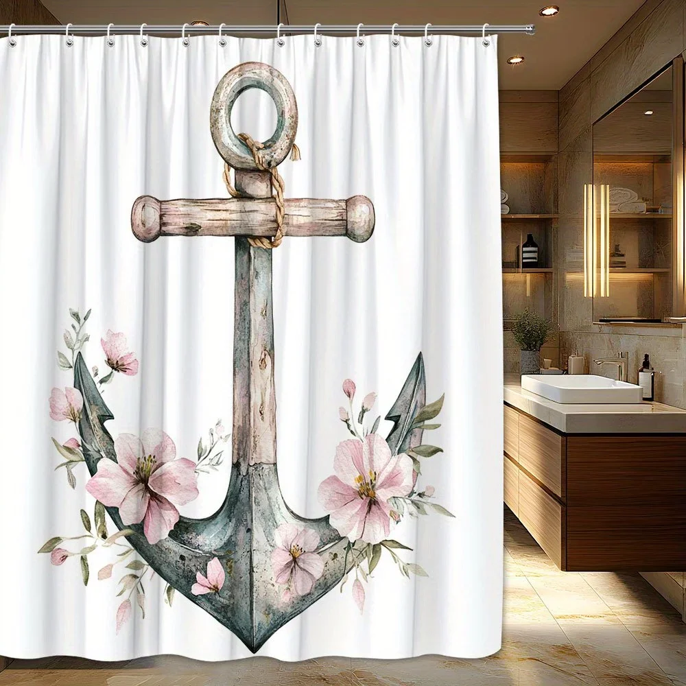 

1 шт. Занавеска для душа с морским якорем и цветочным рисунком — дизайн с розовыми цветами и зелеными листьями в деревенском стиле, прочная полиэфирная ткань с 12 крючками,