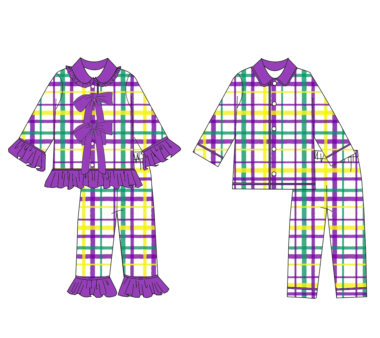 Großhandel Mardi Gras Pyjama-Set 2-teilig Boutique Kinderanzug Revers Langarmhose lila kariertes Druck Mädchen Jungen Set