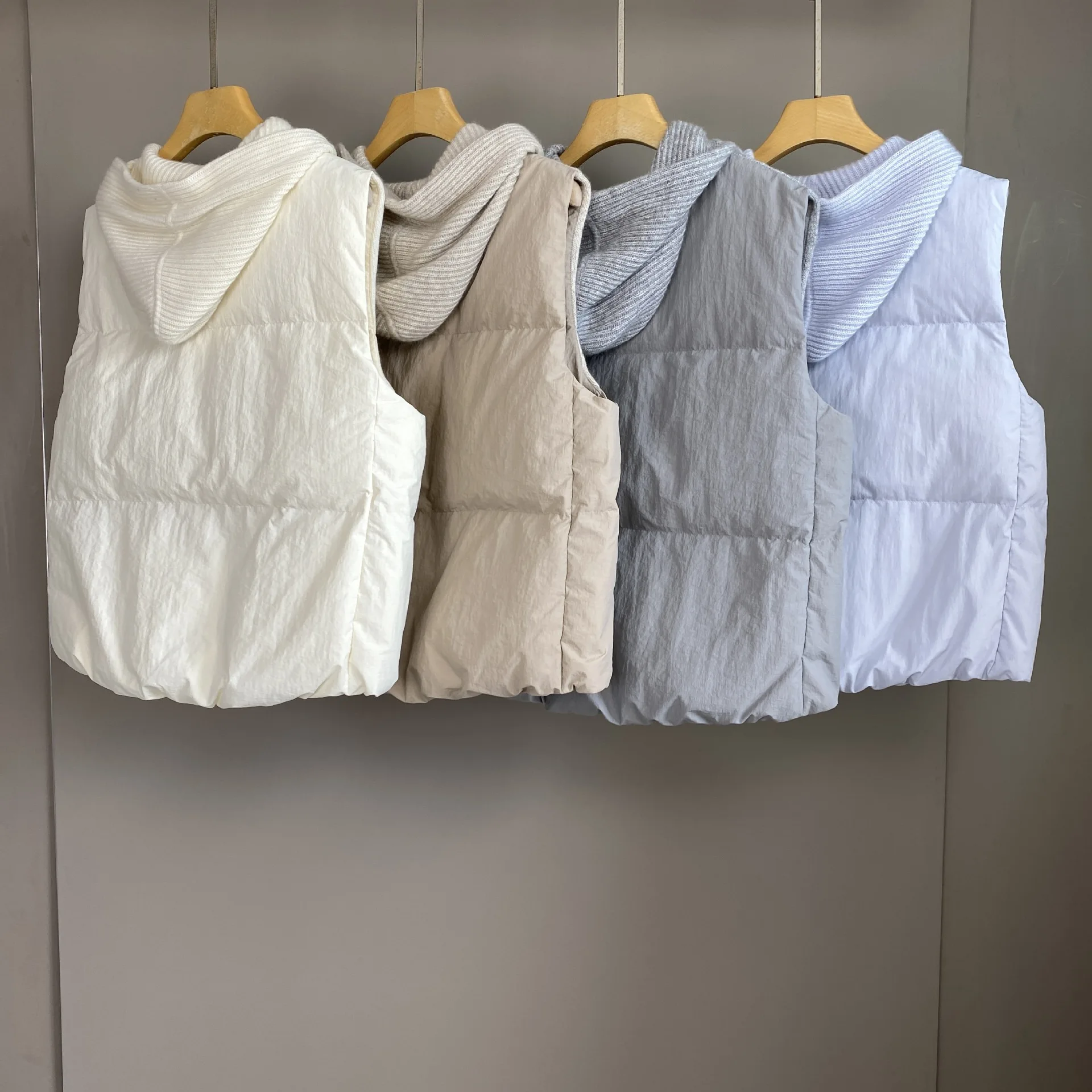 2025 outono e inverno novo colete de malha de linho de caxemira com capuz elegante e versátil casual colete de penas de ganso