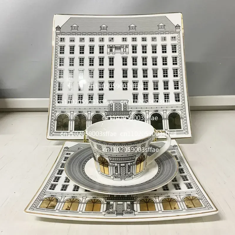 Swan Castle Bone China Coffee Cup Square Plate European Gold Roman Building Tea Set Model Room Decoration Teacup