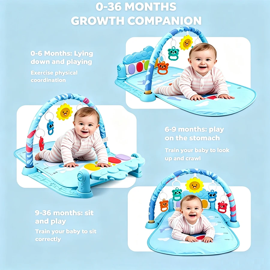 Baby piano gym play mat, infant activity fitness mat with cute penguin print, suitable for babies.