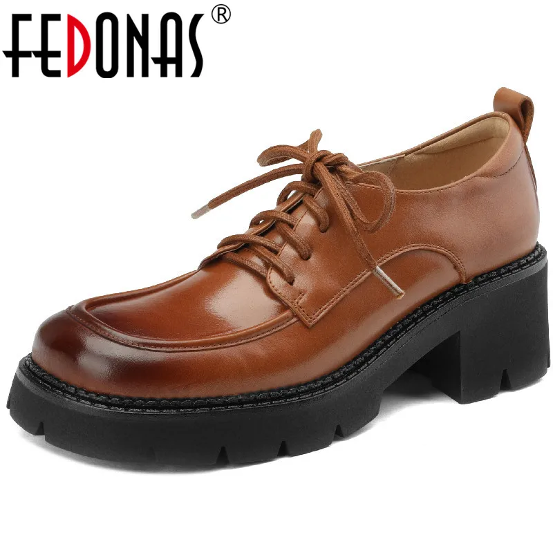 

FEDONAS Genuine Leather Women Pumps Lace-Up Thick Heels Platforms Working Casual Students Shoes Woman Spring Autumn High Quality