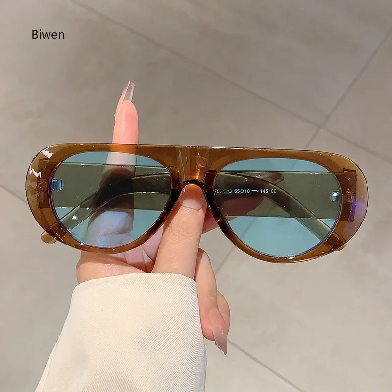 Retro Irregular Big Frame Women Sunglasses Luxury Brand Tea Color Square Frame Shades UV400 Cool Men One Piece Pilot Sun Glasses