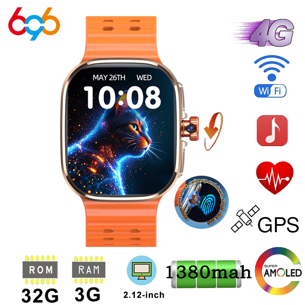 

4G Smartwatch Amoled Screen 200W Rotating Camera WIFI GPS Position Blue Tooth Smart Watch Men Women Fingerprint Unlock 1380Mah
