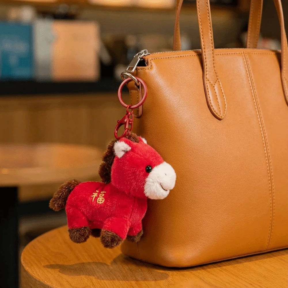 Creative Red Pony Pendant Mascot Chinese Style Stuffed Animal Keyring Good Luck Fluffy Cartoon Steed Birthday Gift