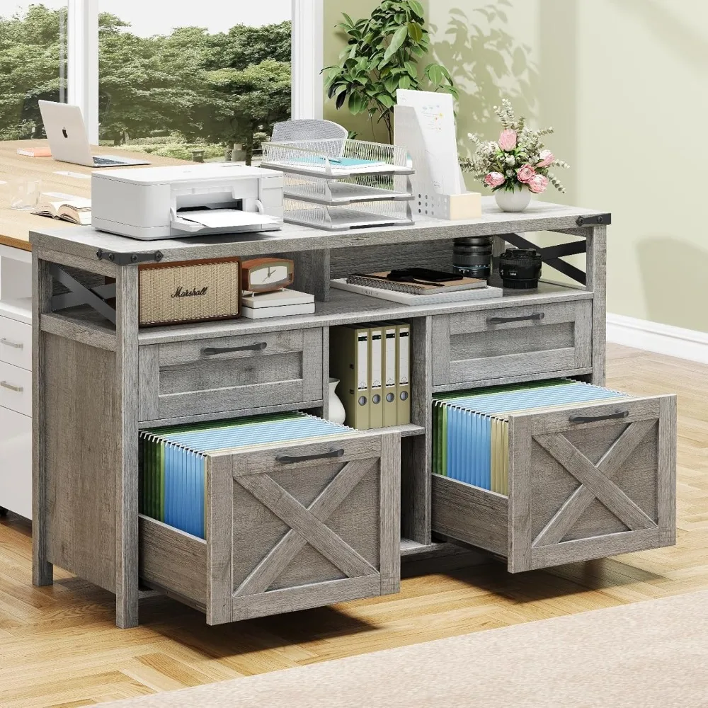 Farmhouse Style 4-Drawer File Cabinet with Adjustable and Open Storage Shelf for Home Office Organization
