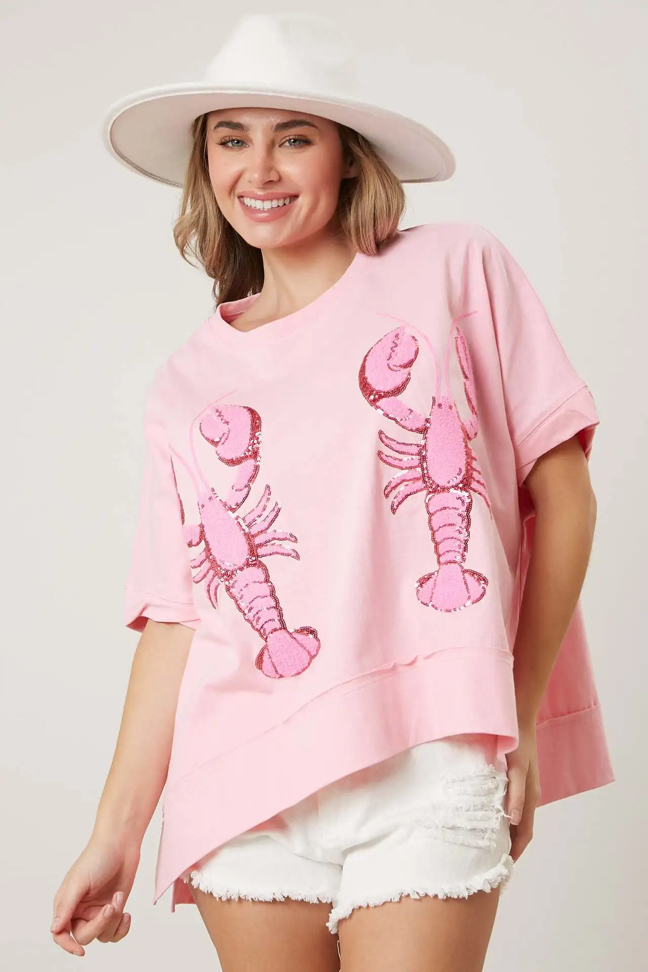 Loose Pink Cute Casual Top With Lobster Sequins T-shirt Fashion Streetwear Short Sleeve Tees Cotton Blend