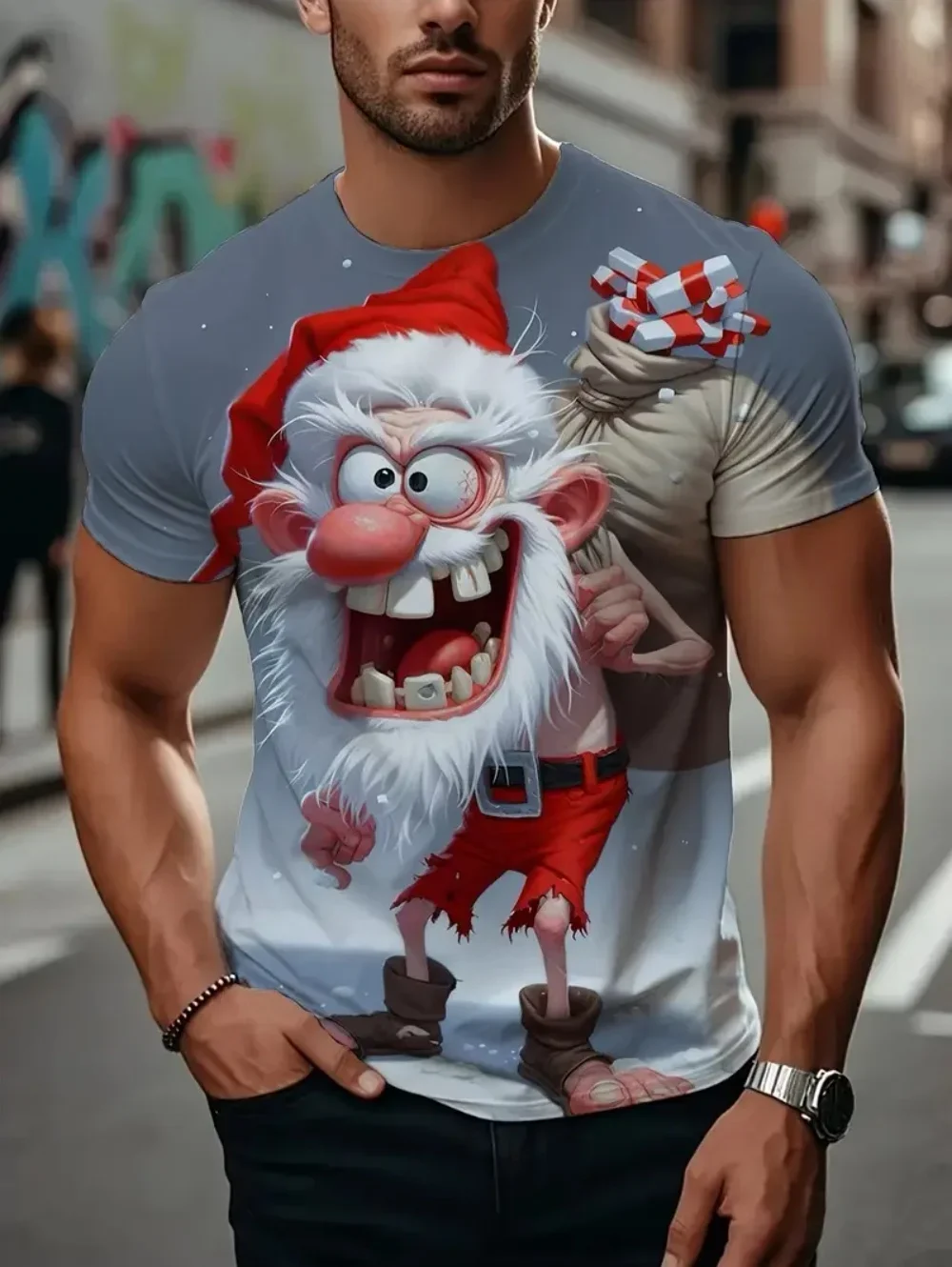 Funny Men's Crazy Cartoon Santa Gnome T Shirt Grumpy Elf 3D Print Crew Neck Short Sleeve Christmas Novelty Tee Tops