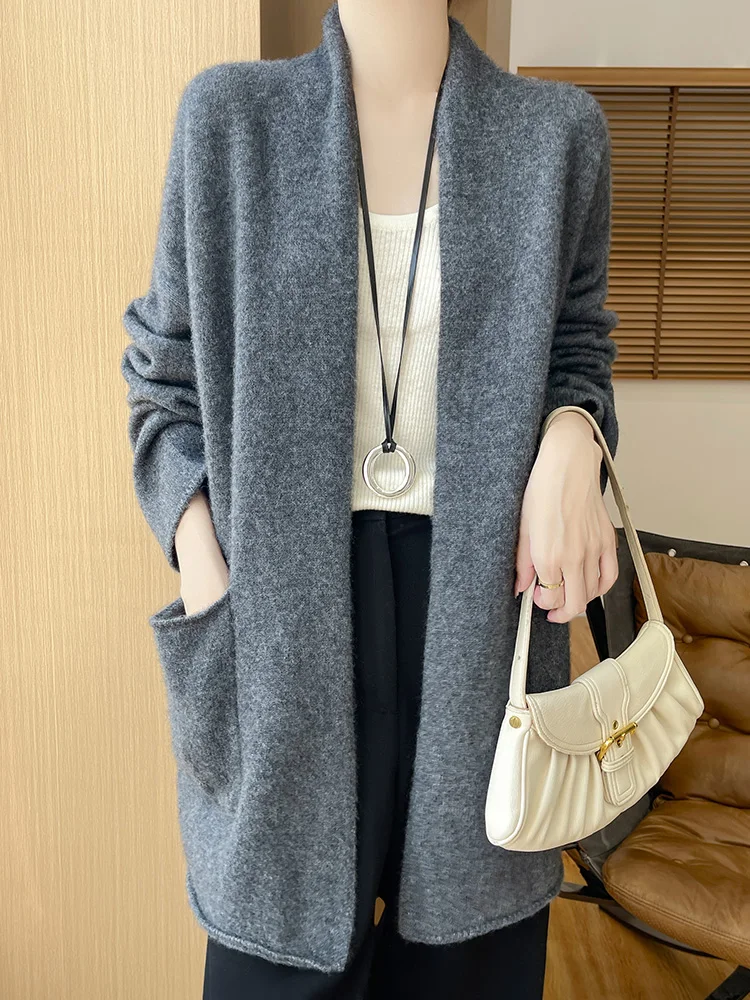 Loose Wool Cardigan Women Sweater Autumn Winter 100% Pure Wool Knitwear Versatile Long Outerwear Cashmere Korean Popular Clothes