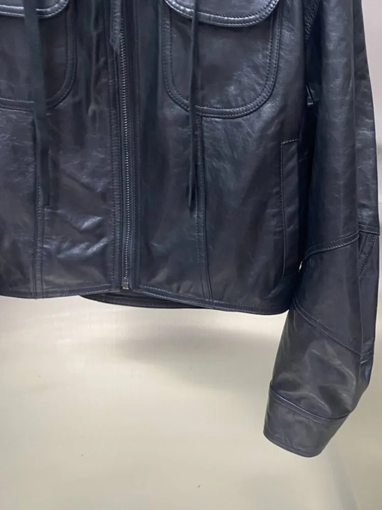 Freizeit-Stil Damen mit Kapuze, einfarbig, echtes Leder, Jacke, lockerer Reißverschluss, handgefertigt, lange Ärmel, Schaffell-Baseball-Oberbekleidung