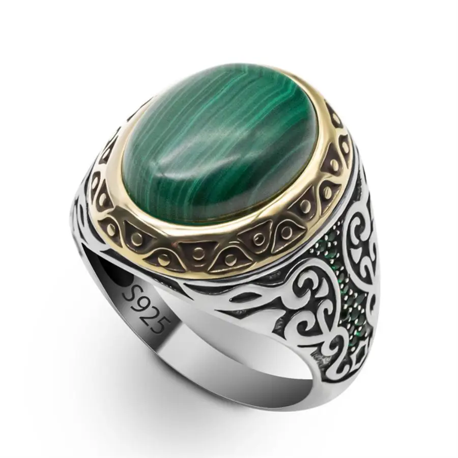 Wholesale Real 925 Sterling Silver Turkish Ottoman Rings Wedding Fashion Natural Malachite Stone Handmade Vintage Ring