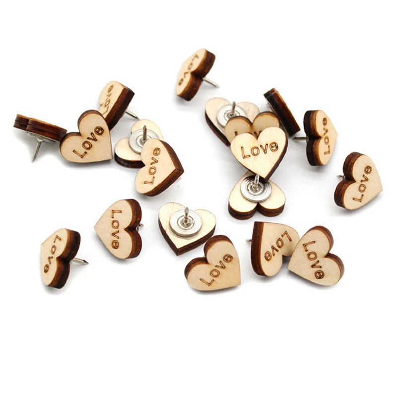 20pcs Push Pins Wood Heart Shape Thumbtack Board Pins Drawing Paper Photo Wall Studs Sationery Office Supplies