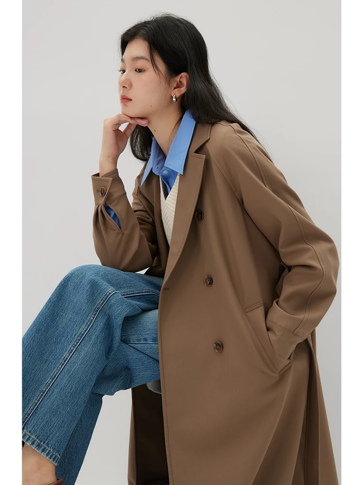 ZIQIAO Classic Style Double-breasted Windbreaker Jacket for Women Early Spring New Sense Commuter Suit Collar Mid-length Trench