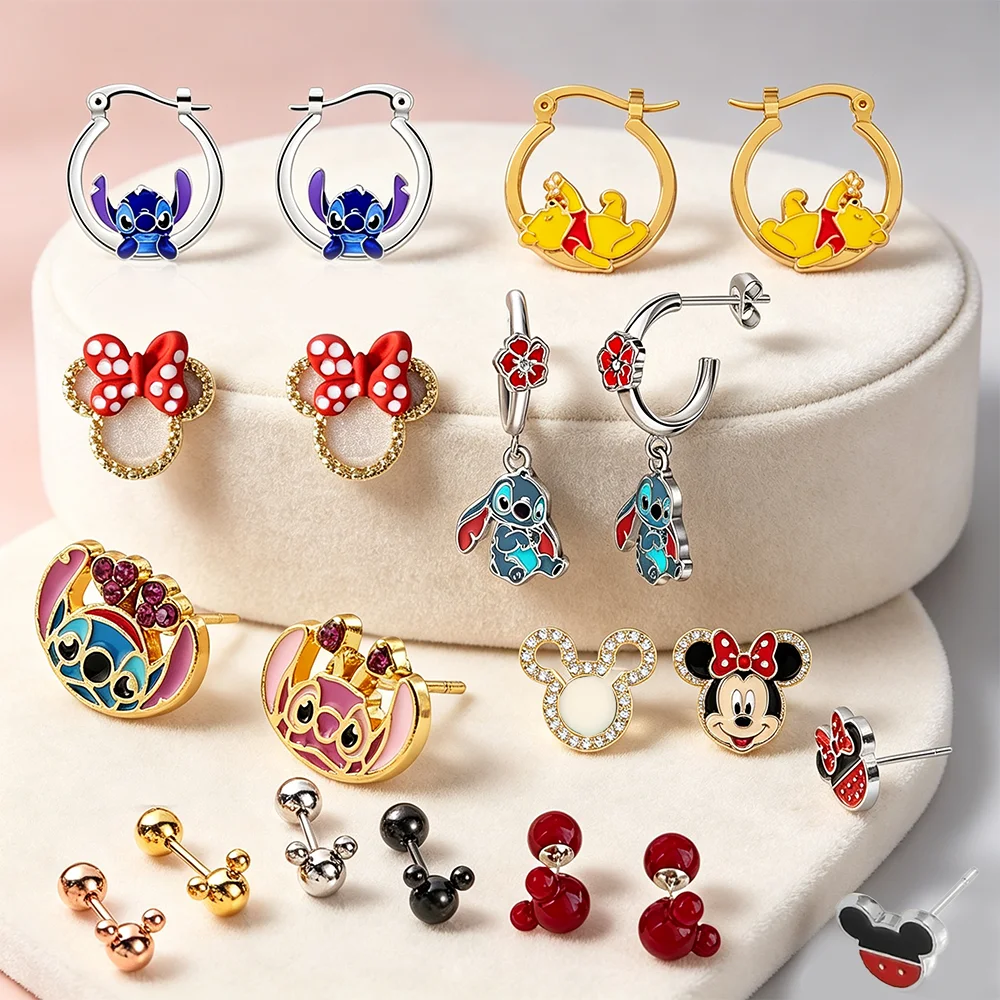 Disney 2pcs/set Mickey Minnie, Winnie the Pooh earrings, cute sweet earrings,for daily outings travels,Valentine's Day gifts