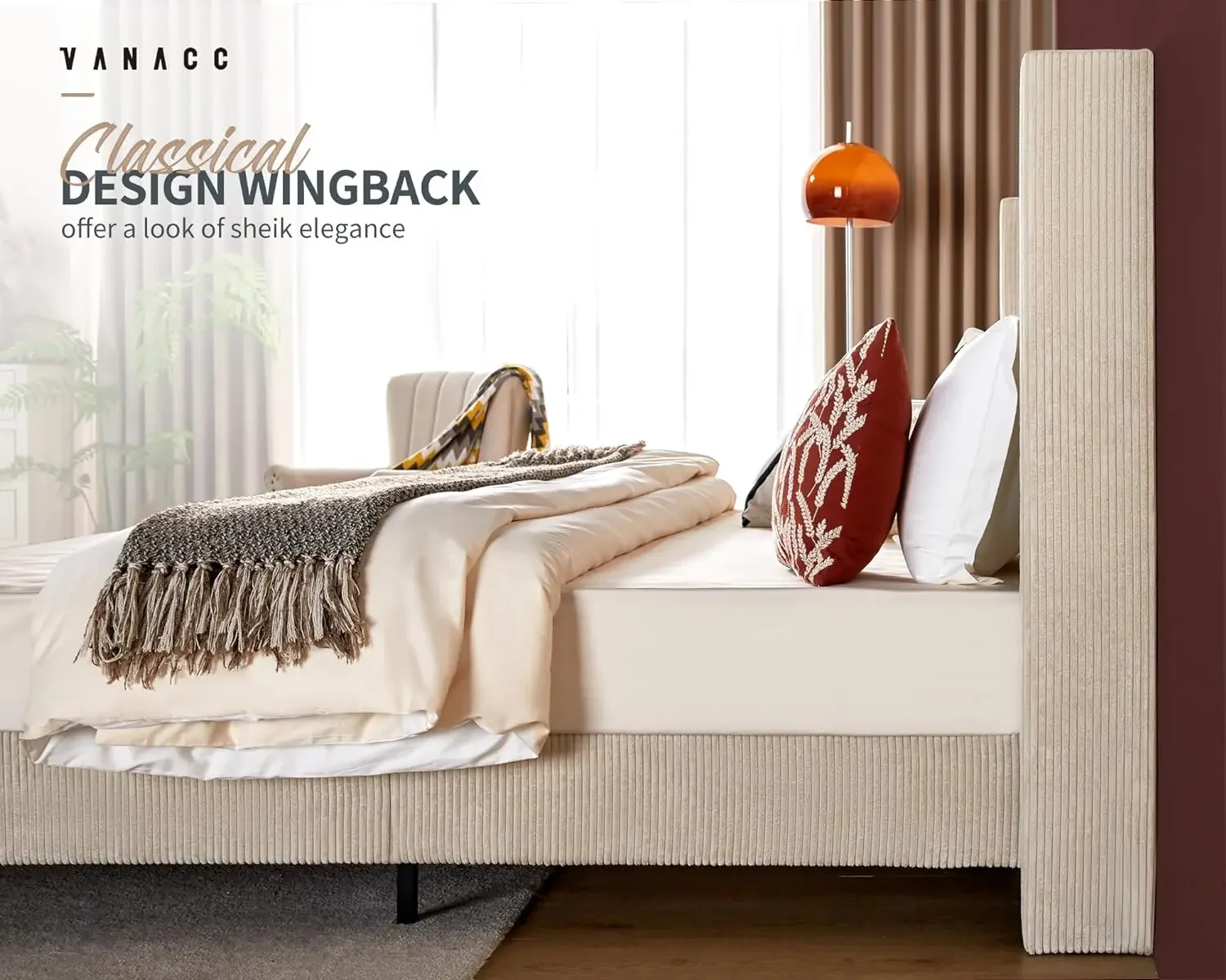 Corduroy Estofados Plataforma Cama Frame, Canal Vertical, Cabeceira Adovada, Ripas De Madeira, Wingback, 50,8"