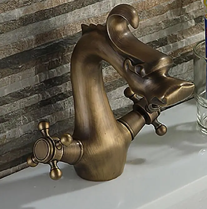 Copper dragon style basin faucet antique, Retro bathroom 2 handles sink basin faucet, Vintage Brass basin faucet hot&cold mixer