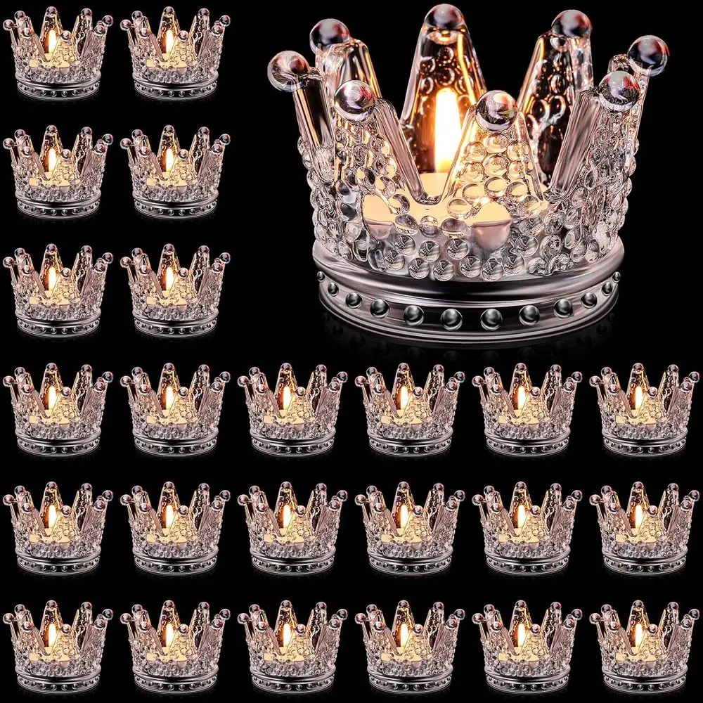 

24 Pcs Birthday Clear Crown Votive Candle Holders Glass Crown Tealight Candle Holders Bulk Candlestick Votives or Tables Centerp