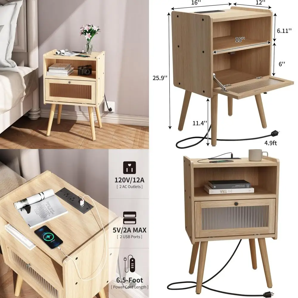 

Прикроватная тумба в стиле Mid-Century Modern с зарядкой, стеклянной дверцей и 2-уровневым хранением для домашнего декора