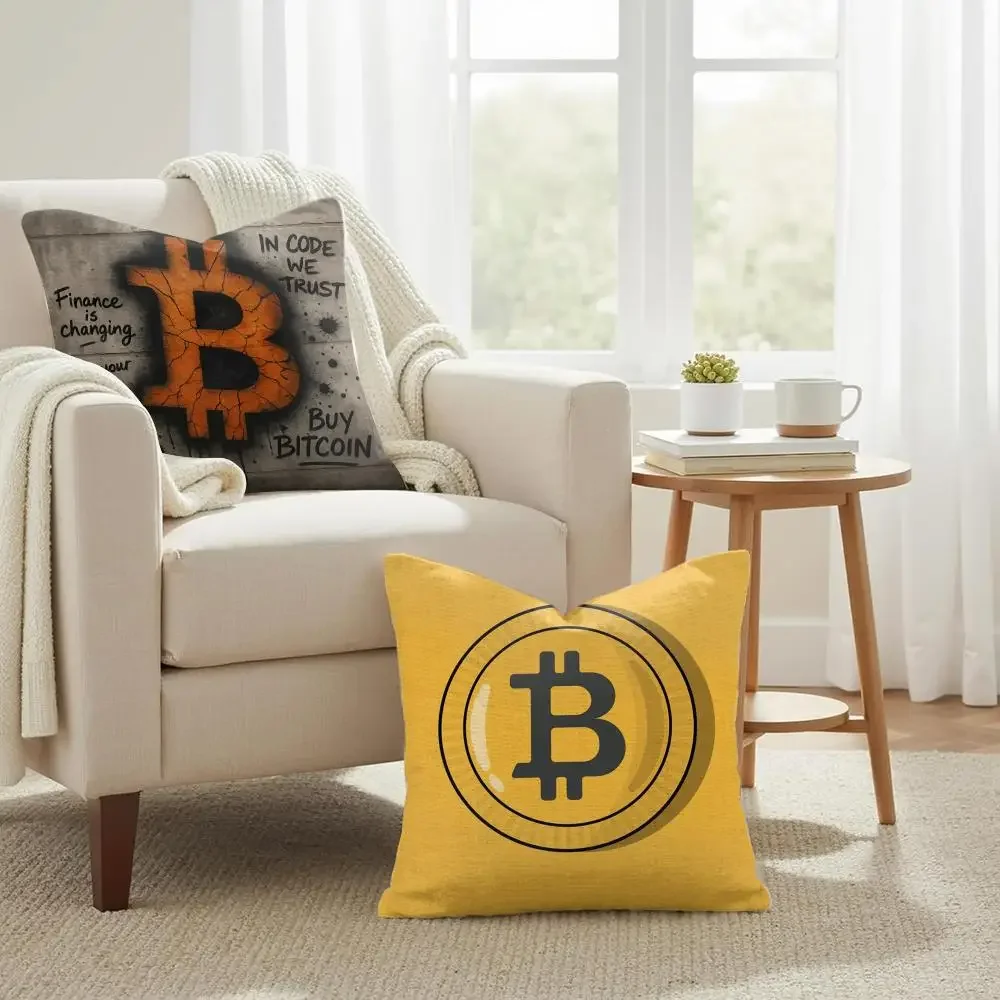 Bitcoin Cryptocurrency Btc Cushion Cover Natural Linen Organic Fabric Double-Sided Printing Sofa Home Decor Gift Pillow Case