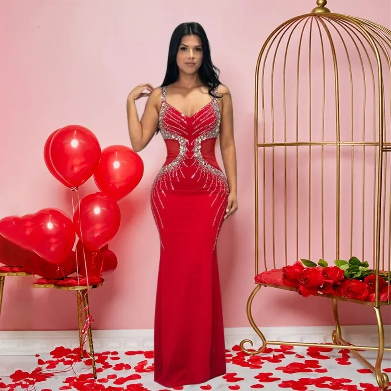 KEXU Diamonds Hot Rhinestones Sexy V-neck Women Strap Sleeveless Bodycon Long Dress Birthday Party Evening Prom Maxi Dresses