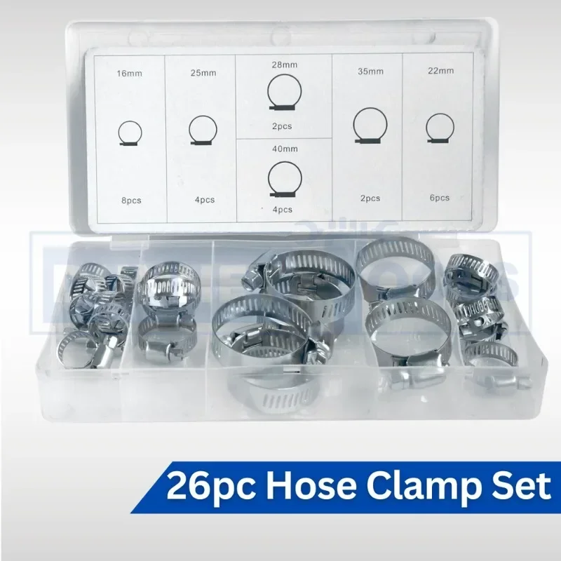 

26pcs Hose Clamps Stainless Steel American Hoops 6 Sizes Assorted Set Hose Pipe Clamps Clips Kit Fastener Tool