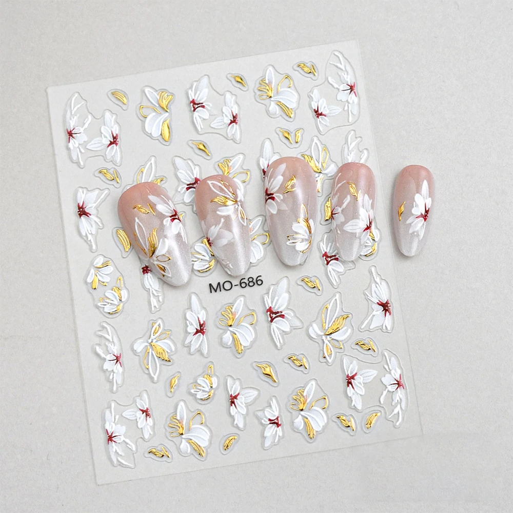 1 Stuks 5D Reliëf Wit & Goud Bloem Nail Stickers Gouden Lijnen Sakura Bloemblaadjes Zelfklevende Nail Decals Retro bloemen Manicure Slider