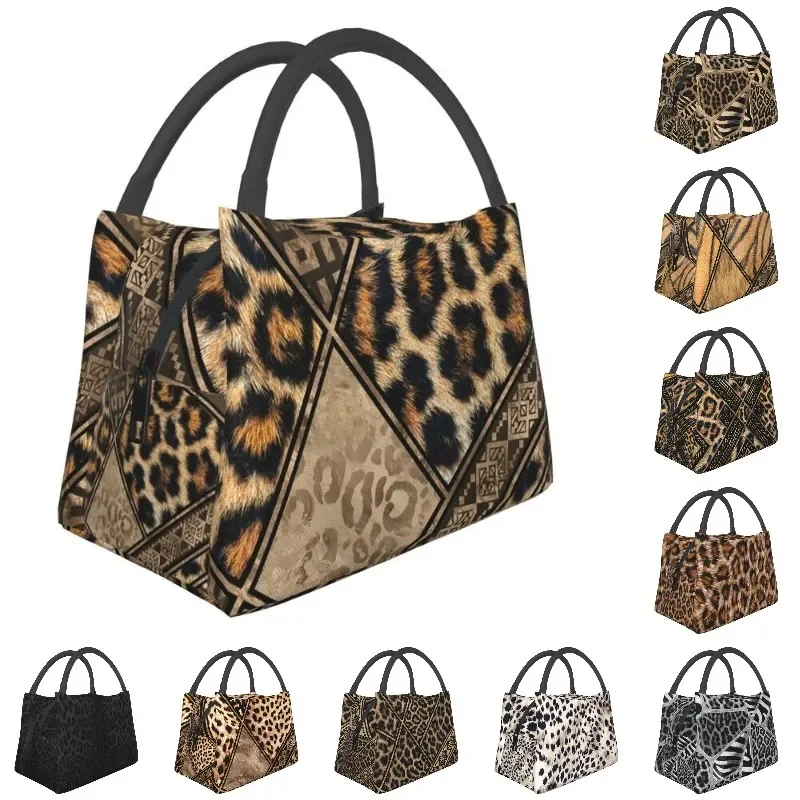 Ethnic Ornaments Brown Animal Leopard Print Insulated Lunch Bags for Women  Skin Resuable Thermal Cooler Food  Box