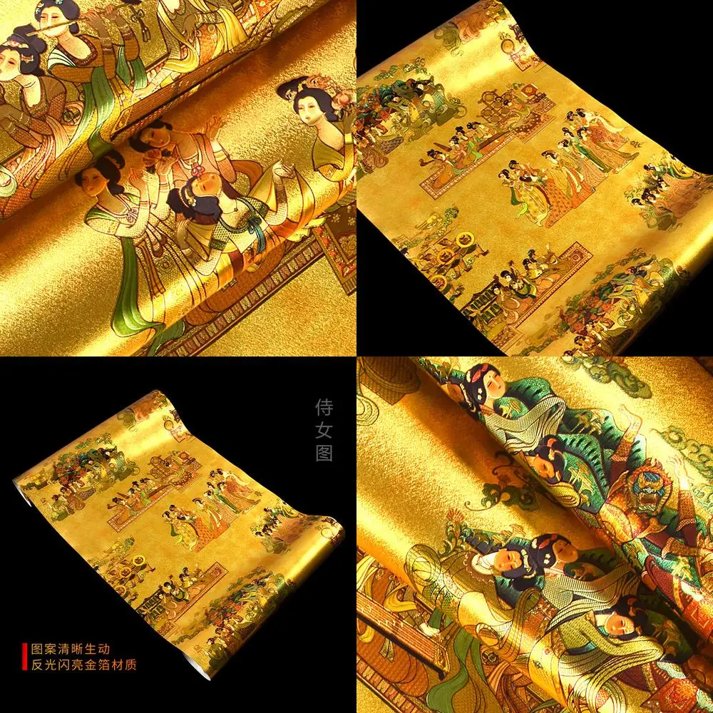 

5 Square Meter Riverside Scene in Qingming Festival Gold Foil Golden Wallpaper Hotel Reflective Living Room New Chinese Classica