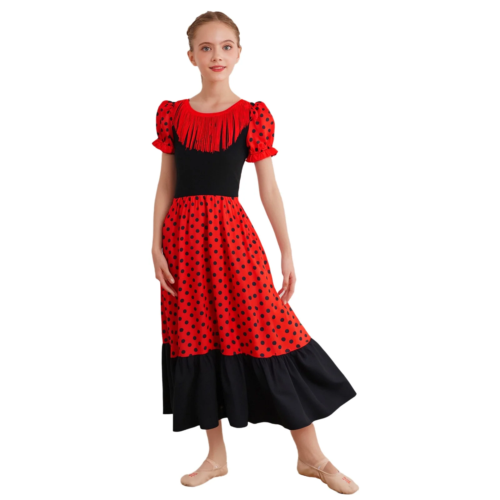 

Childrens Girls Ballroom Dance Performance Dress Flamenco Style with Short Puff Sleeves Dot Salsa Dress Latin Dance Costume