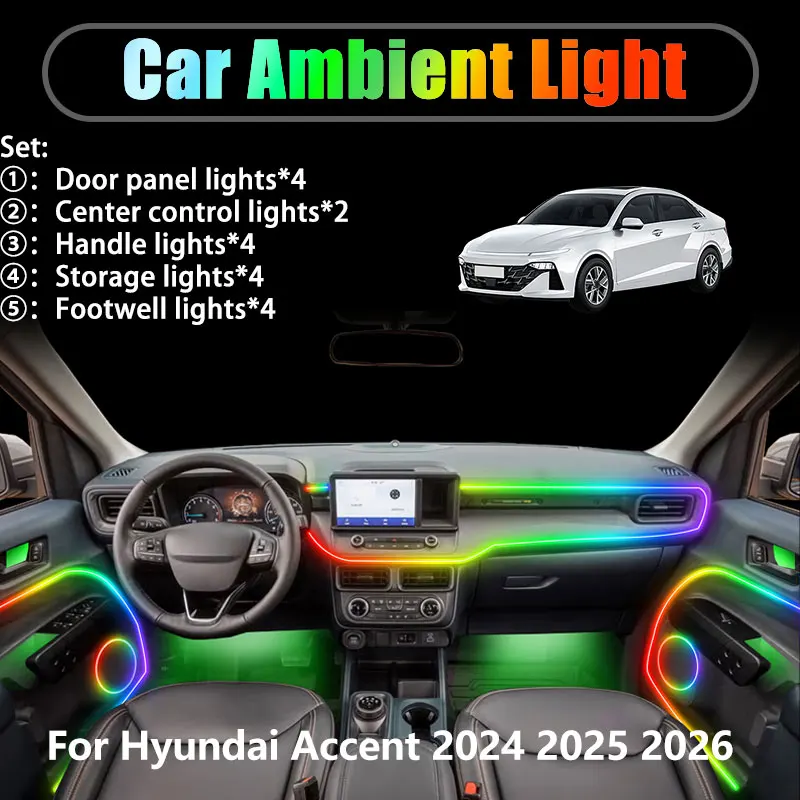 

For Hyundai Accent 2024 2025 2026 BN7 MK6 2/18 in 1 Car ambient lighting Led trunk interior led lights USB RGB Ensemble Streamer