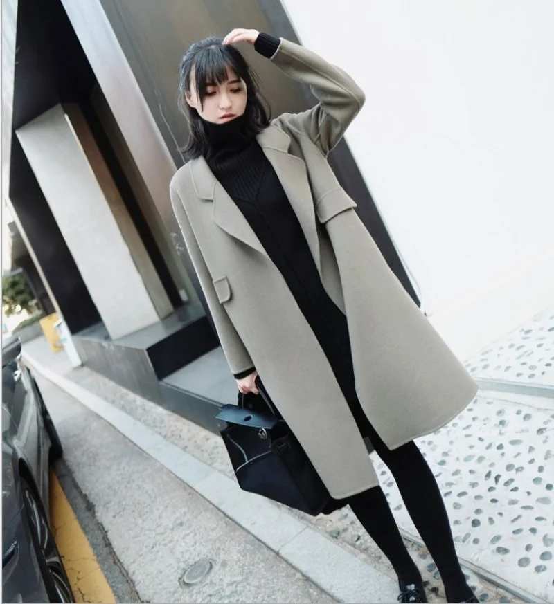 Double Sided Fashion Cashmere Wool Coats Women Lapel Solid Color Knee-Length Long Outwears Warm Thick Autumn Winter Overwears