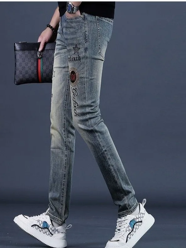 Retro High-End Slim Fit Men's Jeans Elastic Stitched Trendy Korean Version Long Pants Youthful Casual Unisex Denim Shorts