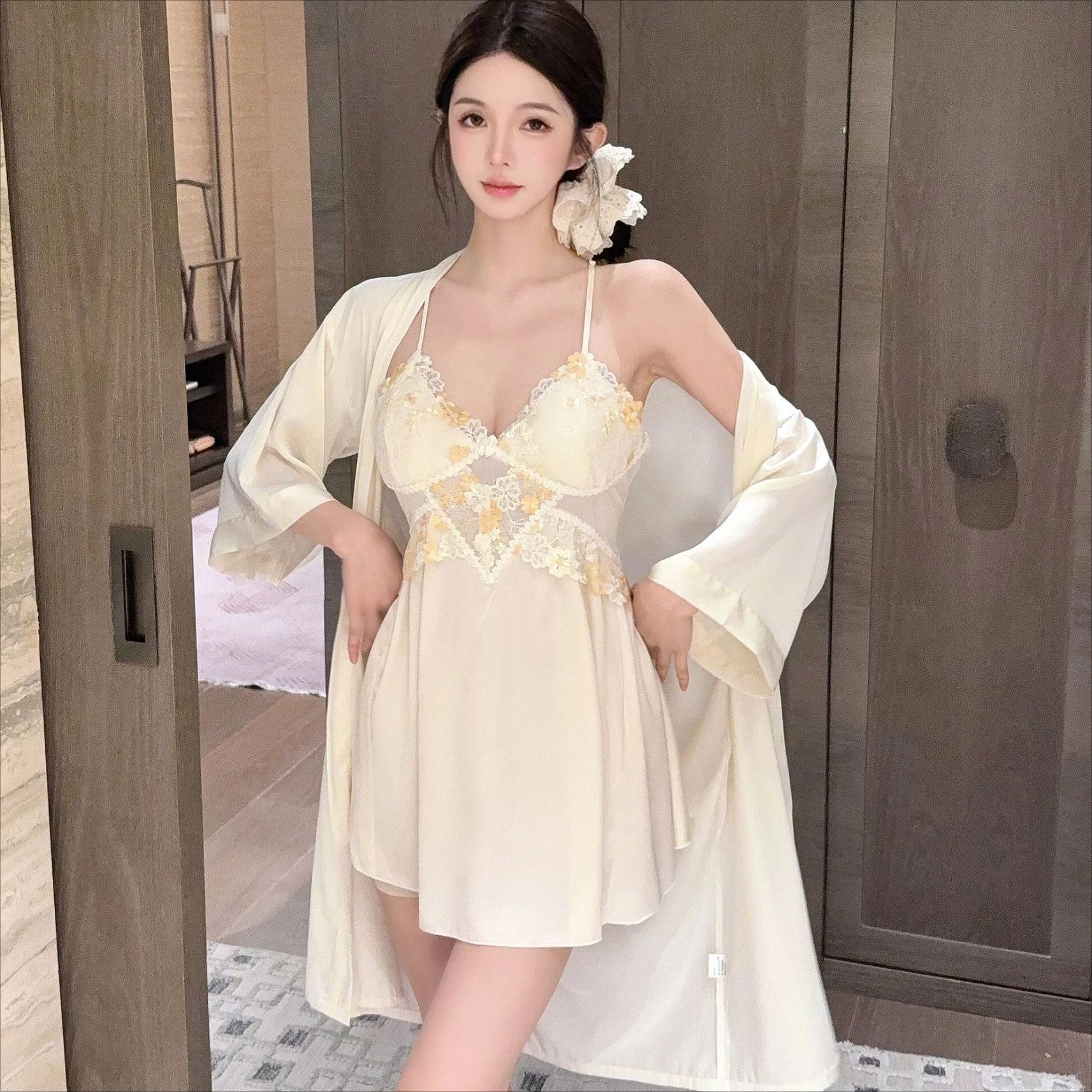 

2 Pieces Robe Gown Sleep Suit Women Silky Satin Bathrobe With Lace Nightgown Sleepwear Sets Summer Kimono Bath Loungewear