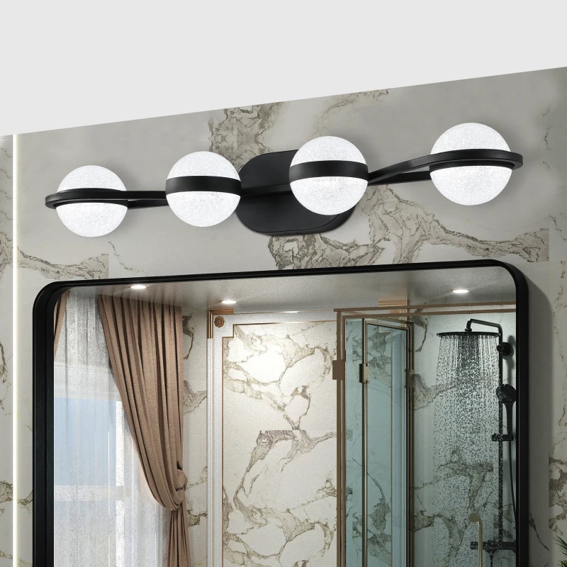 30" Black Minimalist LED Bathroom Vanity Light Crystal Sand Acrylic Shades 4light Wall Mounted Decorative Lighting Fixture