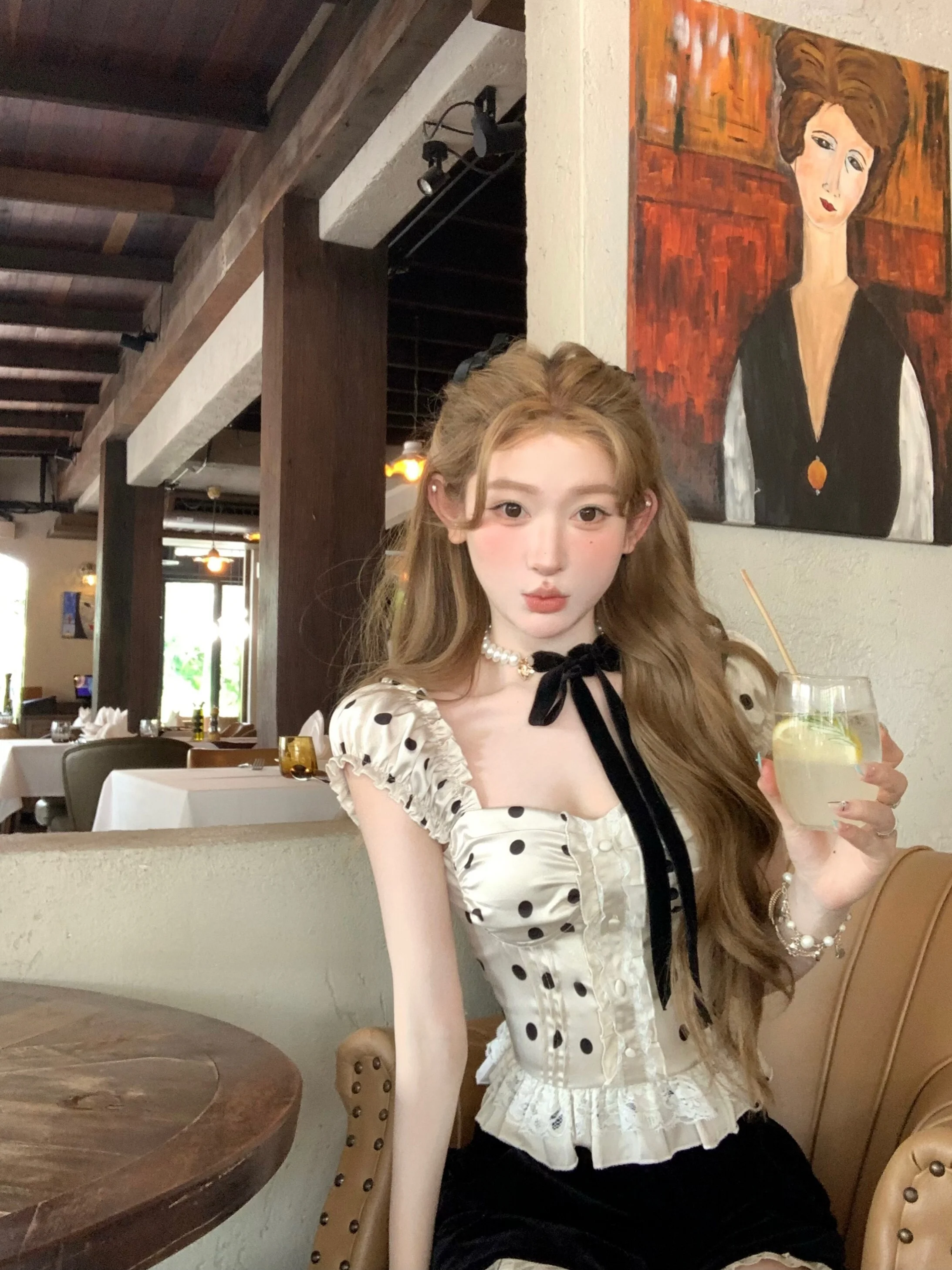 

Очаровательный модный топ с кружевной отделкой и принтом в горошек, с коротким рукавом, облегающий, для женщин, летняя футболка в стиле принцесса от Chuan u