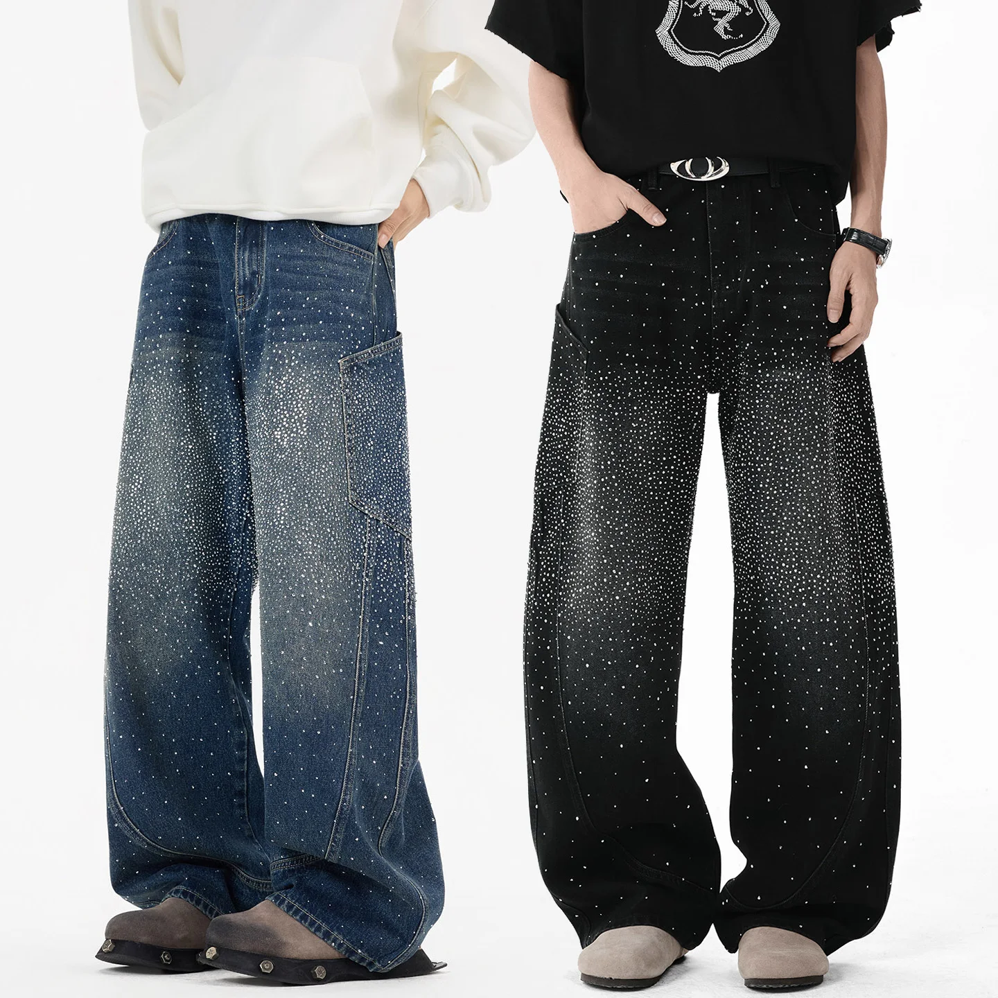 Calças Jeans Harem de Perna Larga Hot Diamond para Homens e Mulheres, Moda Streetwear Hip Hop, Calças Cargo de Denim Soltas e Casuais